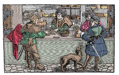 Cambiatore: baratto e scambio. Xilografia tedesca del XVI secolo