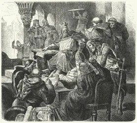 Carlo Magno consulta studiosi e clero (incisione)