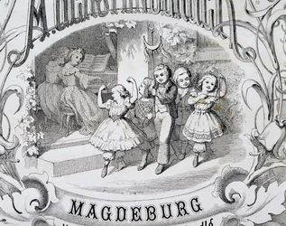 Scena di danza dei bambini, dettaglio della pagina del titolo della raccolta di musica e danze per bambini pubblicata a Magdeburgo, Germania