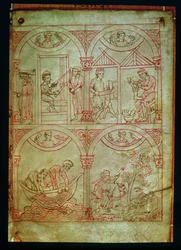 Codex 507 fol.2r Tessitore, calzolaio, pescatori e cacciatore, da Renner Musterbuch, c.1208-18