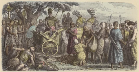 Conteggio dei prigionieri e delle mani mozzate dei soldati nemici davanti al faraone dopo una battaglia vittoriosa