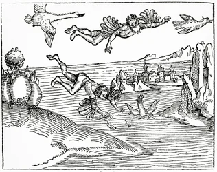 Dedalo, fuggendo da Creta con suo figlio Icaro, lo vede cadere verso la morte, 1493