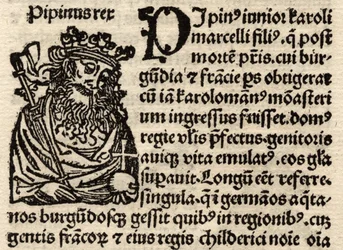 (dettaglio) da una foglia incunabula originale, raffigurante Pipino I pre-1500