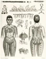 Diagramma che mostra gioielli, ornamenti e disegni di tatuaggi polinesiani, 1888