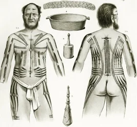 Diagramma che mostra vari manufatti e disegni di tatuaggi polinesiani, 1888
