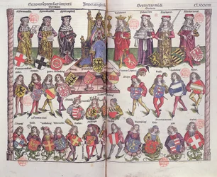 Imperatore ed elettori del Sacro Romano Impero con ventiquattro nobili tedeschi che presentano i loro stemmi