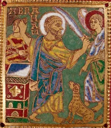 Placca smaltata raffigurante il profeta Abramo e il sacrificio di Isacco. Scuola renana. XII secolo. Firenze, Museo Nazionale del Bargello