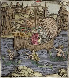 Eneide di Virgilio (70 a.C.-19 a.C.), gli eroi troiani Enea e i suoi compagni attraversano un mare pieno di sirene. Xilografia di Sebastian Brant (1458-1521). Strasburgo