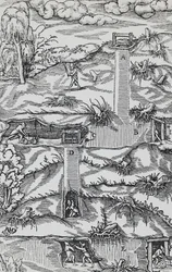 Incisione da De re metallica (Sulla natura dei metalli), di Georg Pawer o Georgius Agricola (1494-1555), pubblicato a Basilea