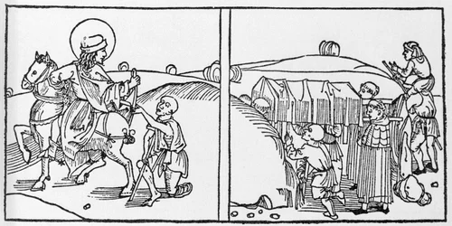 Episodi della vita di San Martino. Incisione da “Leben der Heiligen - sommerteil” (Il libro dei santi) di Jacobus (Giacomo) da Varagine (1228-1298). Lubecca 1488.
