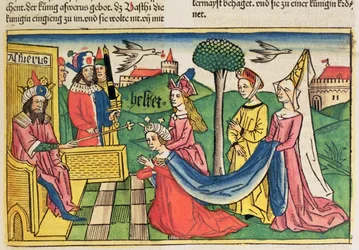 Ester è scelta come regina dal re persiano Assuero, dalla Bibbia di Norimberga (Biblia Sacra Germanaica)