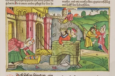 Mosè viene messo a galleggiare sul Nilo e scoperto da una delle mogli del faraone, dalla Bibbia di Norimberga (Biblia Sacra Germanaica)