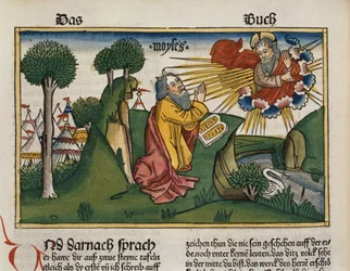 Esodo 34:1-10 Mosè riceve le seconde tavole con i Dieci Comandamenti, dalla Bibbia di Norimberga (Biblia Sacra Germanaica)
