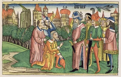 Il Tempio di Gerusalemme è dedicato dal re Dario, dalla Bibbia di Norimberga (Biblia Sacra Germanaica)
