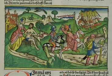 Facsimile di Giobbe: Frontespizio, Giobbe rimproverato dalla moglie, la sua casa e la sua famiglia distrutte da un uragano e il suo bestiame rubato, dalla Bibbia di Norimberga (Biblia Sacra Germanaica)