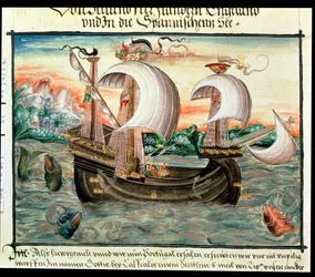Galeone a vele spiegate in rotta verso il Portogallo, illustrato dalla famiglia Coler (o Keller) di Norimberga