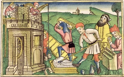 Genesi 11:1-9 Costruzione della Torre di Babele, dalla Bibbia di Norimberga (Biblia Sacra Germanaica)