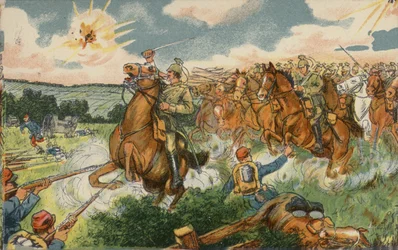 La cavalleria tedesca al comando del principe ereditario Guglielmo attacca le truppe francesi nei pressi di Longwy, in Francia, durante la Prima Guerra Mondiale.