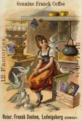 Ragazza con colombe, pubblicità per Genuine Franck Coffee