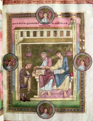 Enrico III con gli Apostoli Simone e Giuda, dal Codex Caesareus Upsaliensis, c.1045