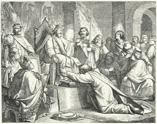 Enrico il Leone, Duca di Sassonia, che si sottomette a Federico Barbarossa a Erfurt