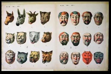 Maschere di carnevale umane e animali, pagina da un catalogo di produttori di Mannebach, Turingia, Germania, c.1865
