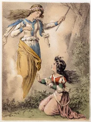 Illustrazione dei racconti di Franz Hoffmann "Racconti e Favole - I 3 Doni": il desiderio esaudito da una fata. Cromolitografia del XIX secolo
