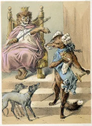 Illustrazione dei racconti di Franz Hoffmann "Racconti e favole - La volpe": Una volpe che parla davanti al Re Leone. Cromolitografia del XIX secolo.
