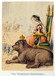 Illustrazione dei racconti di Franz Hoffmann "Racconti e Favole - Von Prinzessin Sternröschen": una principessa accanto a un re orso. Cromolitografia del XIX secolo