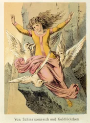Illustrazione dei racconti di Franz Hoffmann "Racconti e favole - Von Schmerzenreich und Goldlöckchen": una donna circondata da tre uccelli. Cromolitografia del XIX secolo.