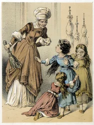 Illustrazione dei racconti di Franz Hoffmann "Racconti e Favole - I 3 Doni": una donna abusava delle 3 ragazze. Cromolitografia del XIX secolo