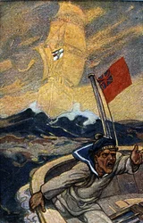 Illustrazione della propaganda tedesca dalla rivista Jugend durante la Prima Guerra Mondiale. Un marinaio inglese è terrorizzato dall