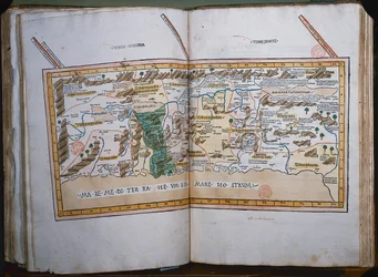 Mappa della Terra Santa, basata su descrizioni e coordinate date in Cosmographica, di Tolomeo (Claudio Tolomeo di Alessandria) (c.90-168 d.C.) pubblicata a Ulm, Germania, da Johann Reger