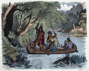 Indiani che pescano a bordo di una canoa su un fiume in America. In 