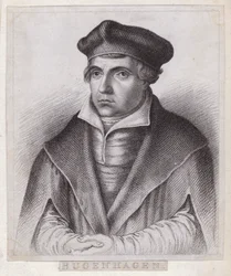 Johannes Bugenhagen (Doctor Pomeranus), sacerdote e teologo tedesco che introduce la Riforma protestante in Pomerania e Danimarca (incisione)