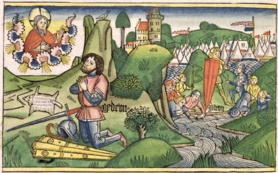 Giudici 6:36 Gedeone mette fuori il vello, dalla Bibbia di Norimberga (Biblia Sacra Germanaica)