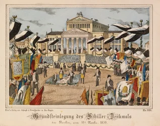 Posa della prima pietra del monumento a Schiller al Gendarmenmarkt, Berlino, 10 novembre 1859, con il Schauspielhaus sullo sfondo, da Neuruppiner Bilderbogen, pubblicato da Oehmigle & Ri