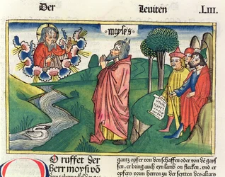 Levitico 1:1-7 La legge delle offerte, dalla Bibbia di Norimberga (Biblia Sacra Germanaica)