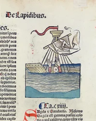 Uomo che scende in una barca naufragata, illustrazione da Hortus Sanitatis, 1491