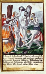 Martirio di Jean de Brebeuf e Gabriel Lalemant dagli Irochesi, in Nouvelle-France 1649, dal Martirologio dei Gesuiti, 1688