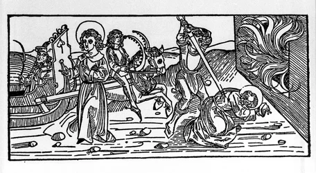 Martirio di San Policarpo di Smirne, vescovo. Incisione dal libro Leben der Heiligen - Sommerteil di Jacobus de Voragine