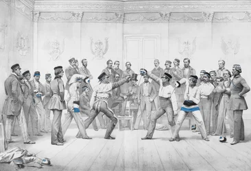 Mensuren o Membri Studenti della Società di Duello a Dresda in Uniforme Blu, Bianca e Nera