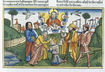 Numeri 27:18-23 Mosè impone le mani su Giosuè, dalla Bibbia di Norimberga (Biblia Sacra Germanaica)