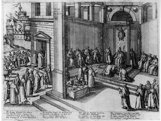 Papa Clemente VIII accetta la sottomissione del re di Francia, Enrico IV, a San Pietro il 23 settembre 1595