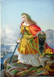 Cartolina che raffigura Germania e il Reno, c.1860