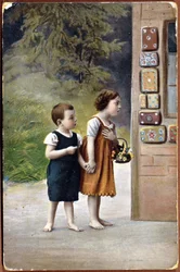 Cartolina raffigurante Hansel e Gretel davanti alla casa di marzapane