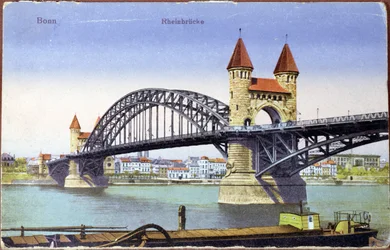 Cartolina che raffigura il ponte sul fiume Reno a Bonn, c.1900