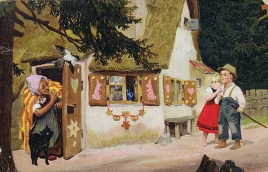 Cartolina raffigurante la strega che invita Hansel e Gretel a entrare nella casa di marzapane, c.1910