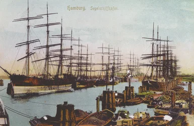 Cartolina del porto delle navi a vela di Amburgo, ca. 1900