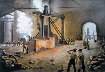 Martello a vapore inventato da James Nasmyth in Germania nel 1842, inciso da E. Zimmer, da Le XIXeme siecle di Hans Kraemer, c.1900